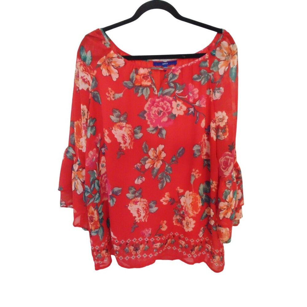 Women's Apt 9 Blouse Top Red Floral 3/4 Bell Sleeve Lined Size XL